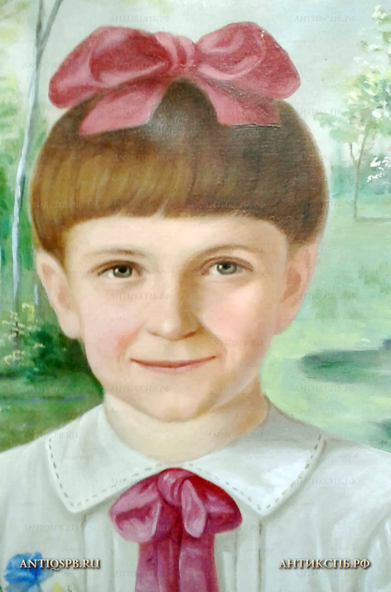 Картина старинная "Девочка с цветами". Холст, масло. Автор: К. Данюкин. СССР. 1938 г. №21802